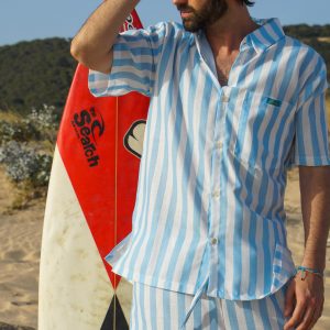 Camisa Lino Rayas Azul Claro Y Blanco