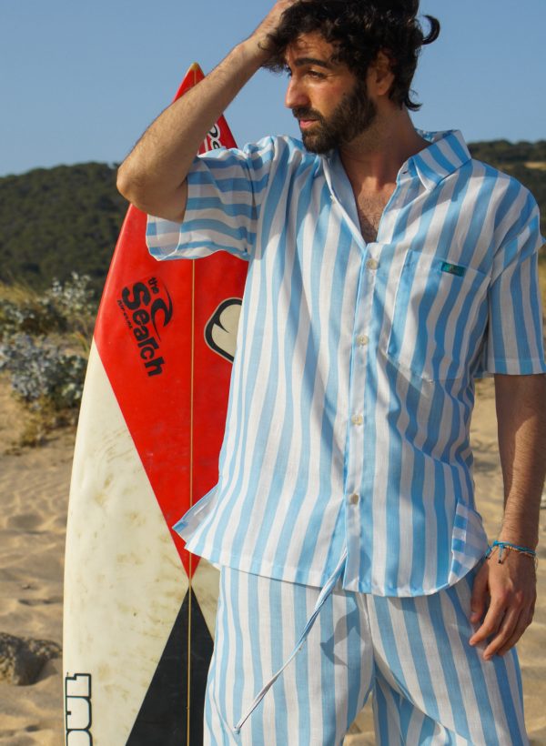 Conjunto Lino Rayas Azul Claro Y Blanco - Imagen 3