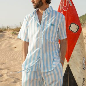 Conjunto Lino Rayas Azul Claro Y Blanco